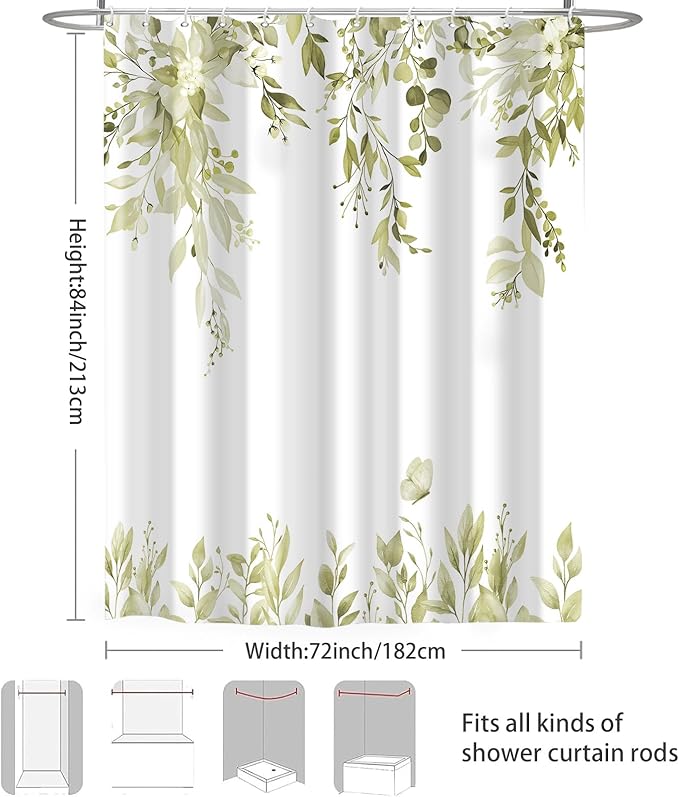 Eucalyptus Shower Curtain, Beige Watercolor Leaves with Floral Botanical Bathroom Decor, Waterproof Fabric Bath Curtain Set with Hooks, 72x84 Inches