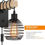Plug in Wall Light Farmhouse Wall Lamps Set of 2 for Bedroom Industrial Wood Sconces Wall Light Fixtures with Metal Cage Lampshade for Living Room Home Office