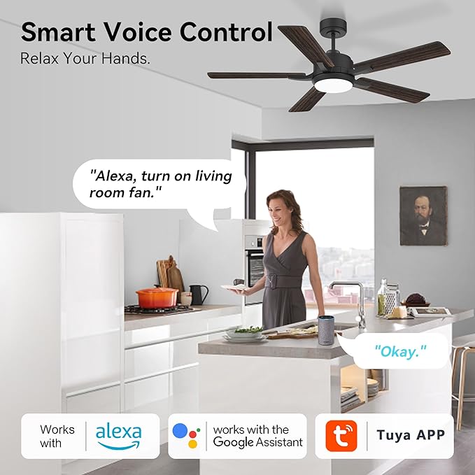 cumilo 52” Smart Ceiling Fanswith Lights Remote Control,Quiet DC Motor,Outdoor Indoor Modern Farmhouse Ceiling Fan work with Alexa App,Dimmable LED Light,Black/Brown for Bedroom Living Room Patio