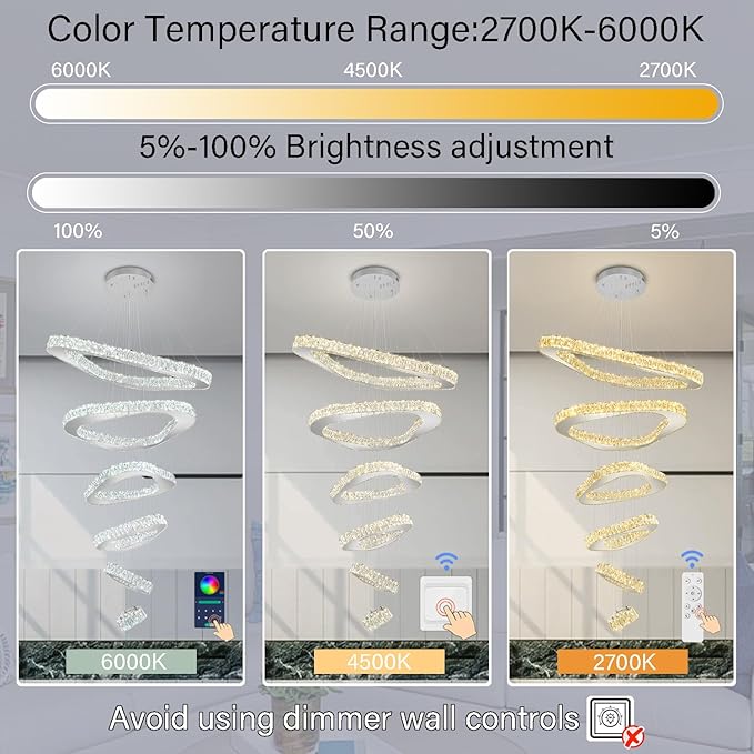 Modern Crystal Chandeliers for High Ceiling 6 Ring Chandelier LED Silver Ceiling Lights Fixtures High Ceiling Chandelier for Foyer Staircase Living Room Dining Room 2700K-6000K