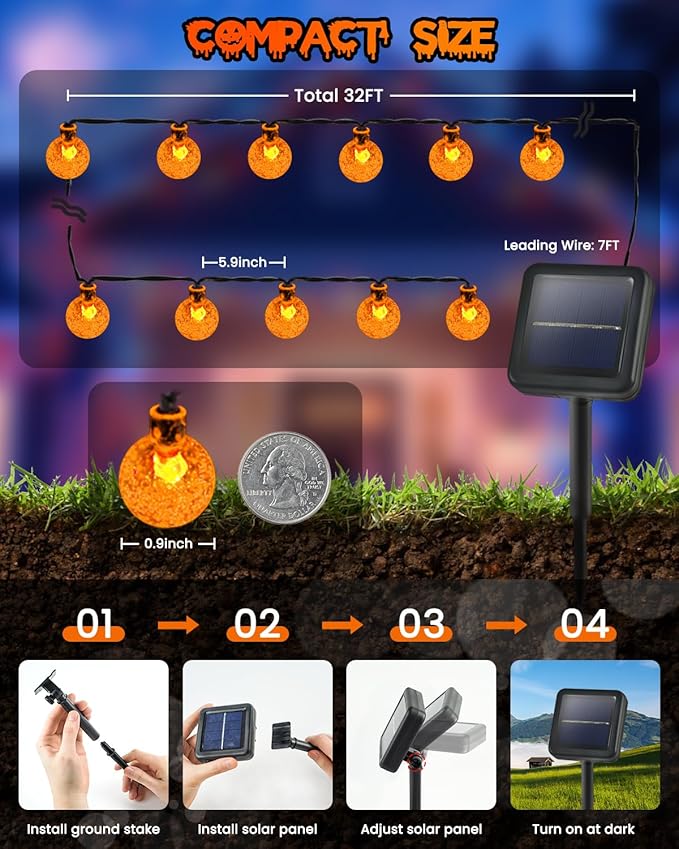 LORRYTE 2-Pack 100 LED Orange Solar Halloween Lights Outdoor - 64FT Waterproof Solar Globe String Lights with 8 Lighting Modes, Solar Outdoor Halloween Decorations for Tree Garden Patio Party