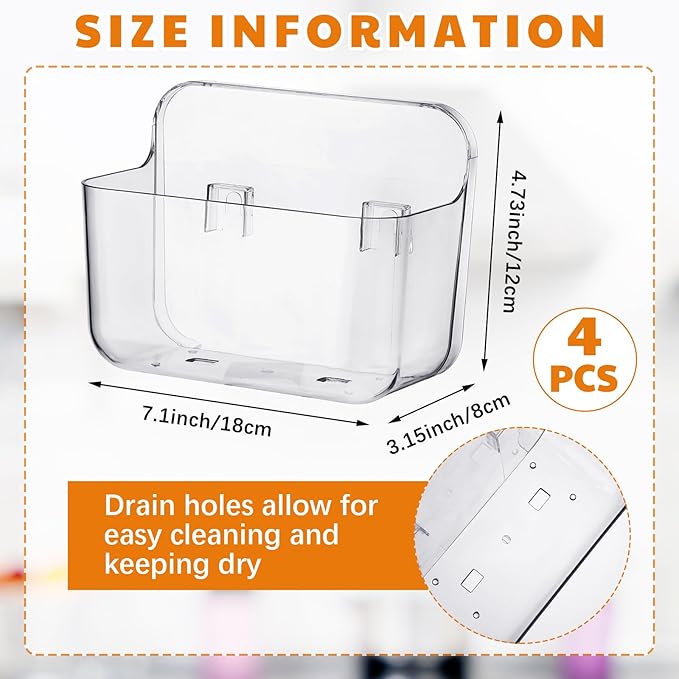 Domensi 4 Pcs Adhesive Acrylic Wall Mounted Organizer for Cabinet Plastic Wall Mount Basket Adhesive Shelf Without Drilling for Pantry Bathroom Shower Laundry Kitchen Inside of Cabinet Door