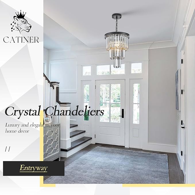 3 Tiers Black Crystal Pendant Light, Mini Smoke Gray K9 Crystal Chandelier Modern Pendant Light Fixture for Kitchen Island Dining Room Hallway Bedroom Closet