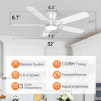 YUHAO 52 Inch Flush Mount White Ceiling Fan with Light and Remote Control.Noiseless,Dimmable,3CCT,6 Speeds Reversible, Low Profile DC Ceiling Fans for Indoor Use
