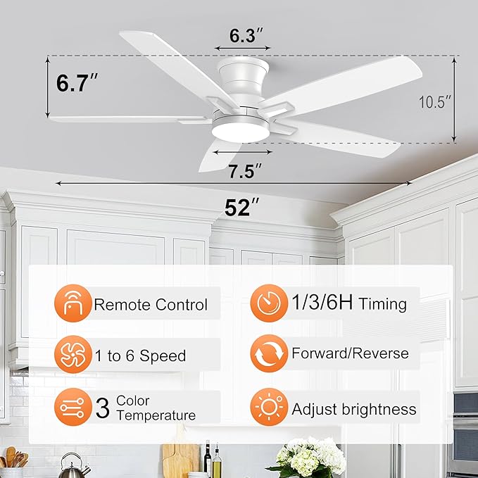 YUHAO 52 Inch Flush Mount White Ceiling Fan with Light and Remote Control.Noiseless,Dimmable,3CCT,6 Speeds Reversible, Low Profile DC Ceiling Fans for Indoor Use