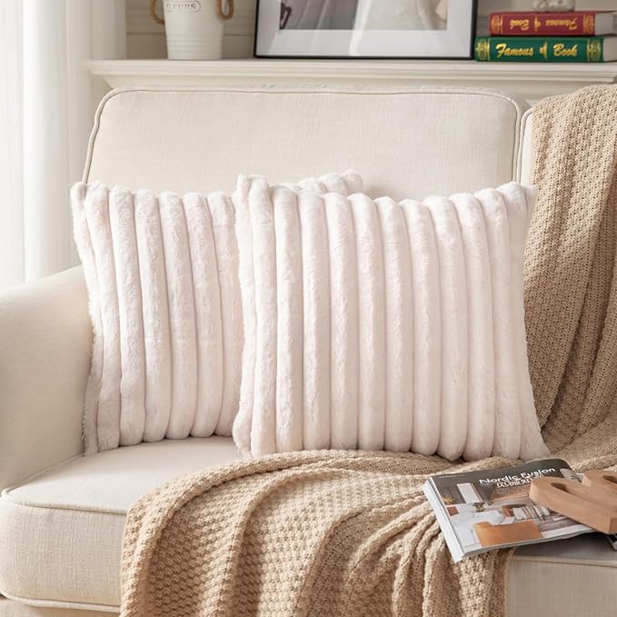 DEELAND Pack of 2,Double-Sided Faux Fur Plush Decorative Throw Pillow Covers Fuzzy Striped Soft Pillowcase Cushion Covers for Sofa Couch Bedroom Beige 16x16 inch