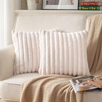 DEELAND Pack of 2,Double-Sided Faux Fur Plush Decorative Throw Pillow Covers Fuzzy Striped Soft Pillowcase Cushion Covers for Sofa Couch Bedroom Beige 16x16 inch