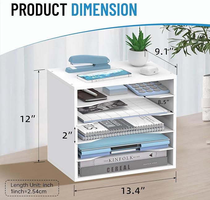 5-Tier Wood Desk Organizer, Paper Tray Organizer for Desk with Adjustable Storage Shelves, Desktop Paper Sorter Mail Holder for Office Home Classroom, White