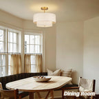 18 Inch Large Semi Flush Mount Ceiling Light Fixture with Dual Drum Design, Gold Farmhouse Fabric Linen Shade for Bedroom, Living Room, Kitchen, and Dining - Modern Chandelier Lamp