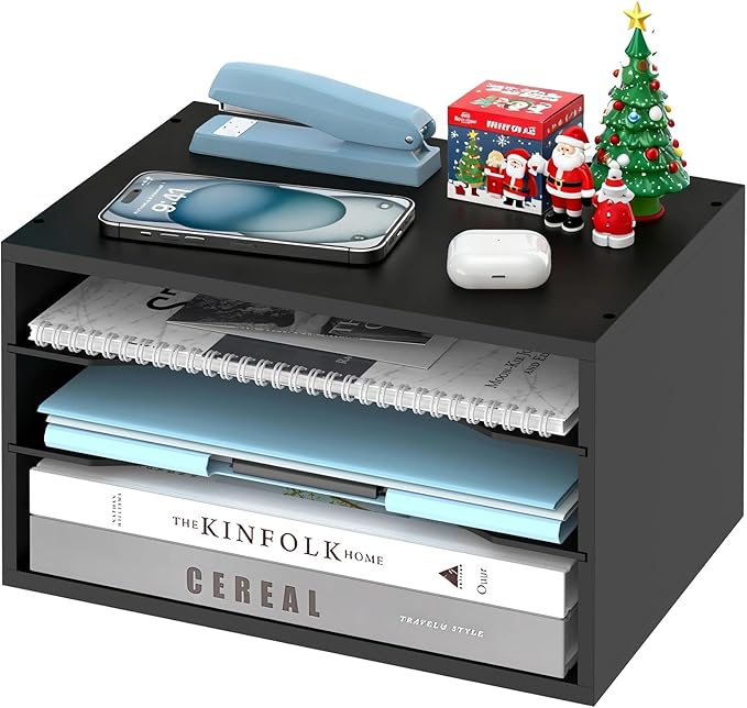 Wood Desk Organizer, 3 Tier Paper Tray Organizer for Desk with Adjustable Storage Shelves, Desktop Paper Sorter Mail Holder for Office Home Classroom, Black