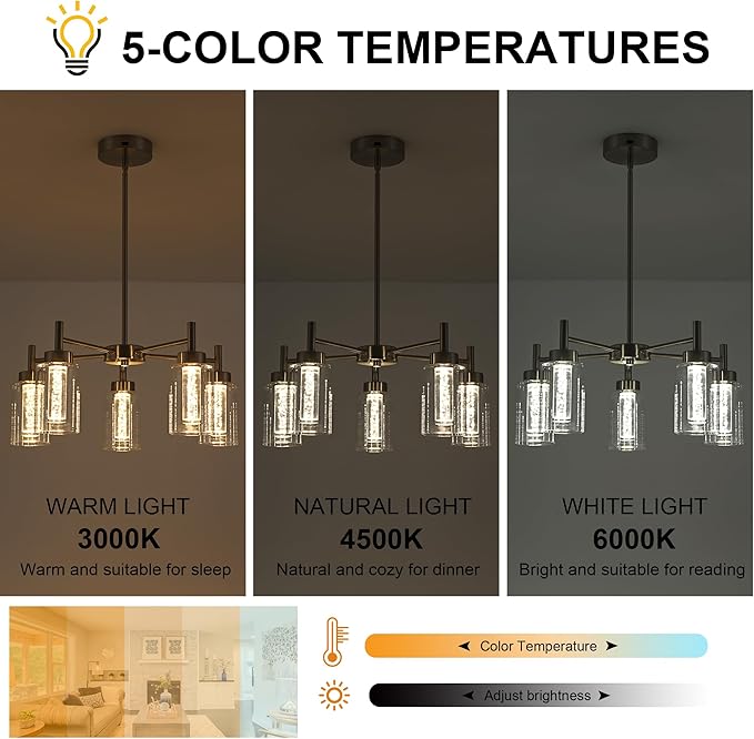 VINLUZ LED 5 Light Modern Chandeliers for Dining Room,Brushed Nickel Finish Hanging Lighting Fixture with Crystal Bubble Clear Glass Shade Kitchen Island for Hanging