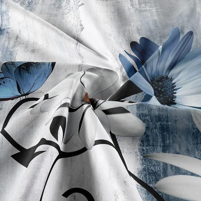Rustic Farmhouse Shower Curtain, Farm Blue Daisy Floral Flowers and Butterfly on Country Wooden Shower Curtain for Bathroom, Turquoise Pink Yellow Bathroom Shower Curtains with 12PCS Hooks, 48X70IN