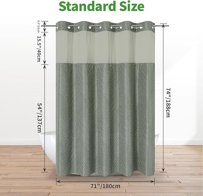 no Hook Shower Curtain and Liner Set，Boho Style with See Through Top Window, SageGreen Fabric Tufted Striped Textured Outer Curtain & Waterproof Inner Liner, SageGreen, 71Wx74H