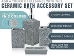 Comfify Designer 4 Piece Bathroom Accessory Set – Ceramic Bath Set w/Liquid Soap or Lotion Dispenser, Toothbrush Holder, Tumbler and Soap Dish – Decorative Set w/Embossed Details – Dark Grey