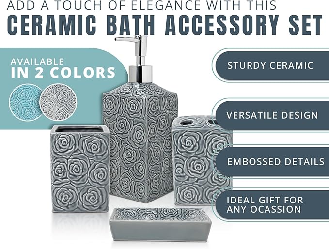 Comfify Designer 4 Piece Bathroom Accessory Set – Ceramic Bath Set w/Liquid Soap or Lotion Dispenser, Toothbrush Holder, Tumbler and Soap Dish – Decorative Set w/Embossed Details – Dark Grey