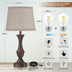 Touch Table Lamps Set of 2, 22" Tall Bedside Lamps with USB C+A Ports, 3-Way Dimmable Table Lamp, Nightstand lamps for Bedroom, Living Room, Office, Brown Lamps with Beige Lampshade, Bulbs Included