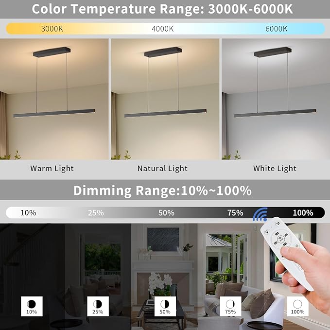 LED Linear Pendant Lights, 39in Island Lighting Fixture 3000k-6000K Dimmable, Chandelier Lamp for Kitchen Dining Room Pool Table Office Bar Garage Workbench