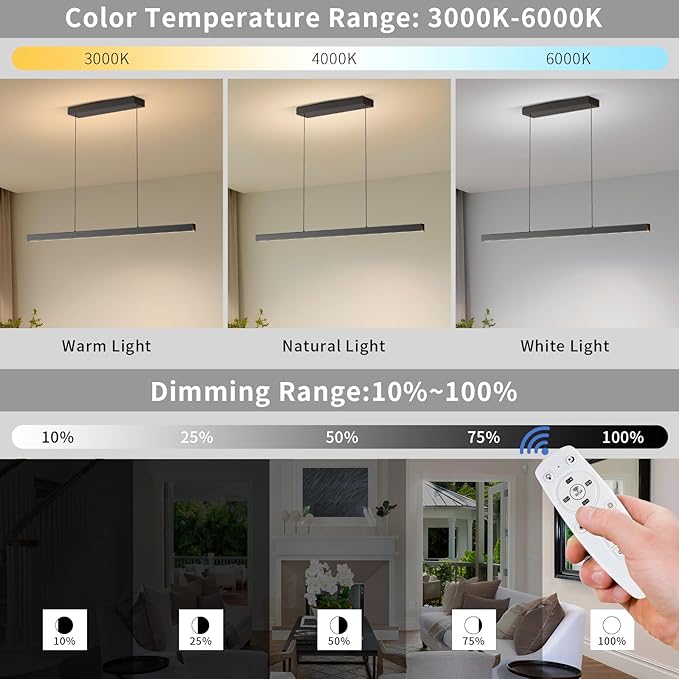 LED Linear Pendant Lights, 47in Island Lighting Fixture 3000k-6000K Dimmable, Chandelier Lamp for Kitchen Dining Room Pool Table Office Bar Garage Workbench