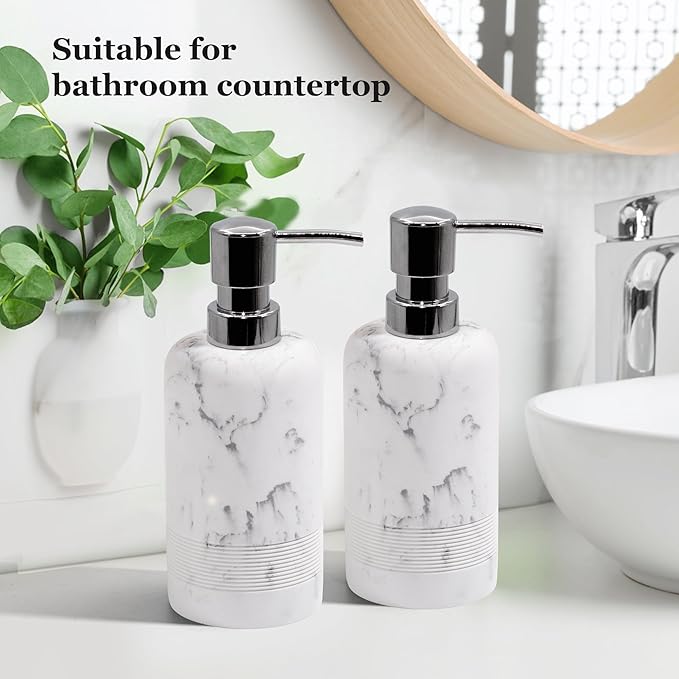 Resin Soap Dispenser Sets, 2 Pcs Heavy Lotion Dispensers,10.8oz Refillable Liquid Soap Dispensers with Rust-Proof Pump for Bathroom Countertop or Kitchen, Artificial Marble White