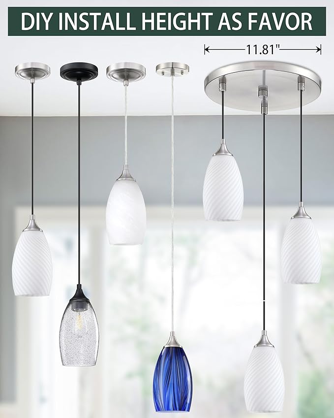2 Pack 1 Light Indoor Mini Hanging Kitchen Island Pendant Lamps 4.75" Handcrafted Frosted Glass Chandelier Shade Brushed Nickel Finish Bar Dining Room Over Sink