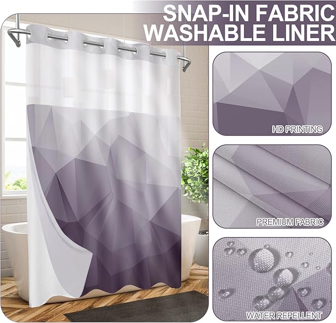 No Hook Shower Curtain with Snap in Liner and Sheer Window, Purple Modern Geometric Fabric Shower Curtain Set for Bathroom Decor, 15-Second Quick Install, Abstract Irregular Ombre, 71"X74"