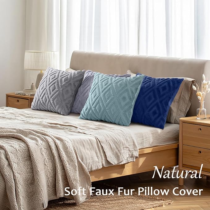 decorUhome Set of 4 Faux Fur Throw Pillow Covers 18x18, Soft Decorative Couch Pillow Covers with Velvet Back for Modern Sofa Living Room, Grey/Blue