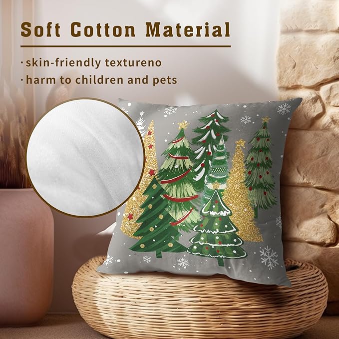 Christmas Tree Pillow Covers 22x22 Inch 2 Pcs, Xmas Pine Trees Snowflakes Grey Decorative Pillow Cases Square Cotton Cushion Cover for Winter Farmhouse Sofa Couch Bed Decor