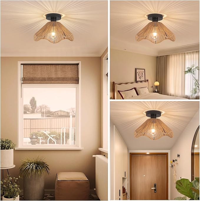 Boho Rattan Ceiling Light Fixture, Mini Rattan Chandelier Lighting Fixture, Hand Woven Ceiling Light Fixtures for Hallway Bedroom Kitchen Entryway Living Room (Light Brown)
