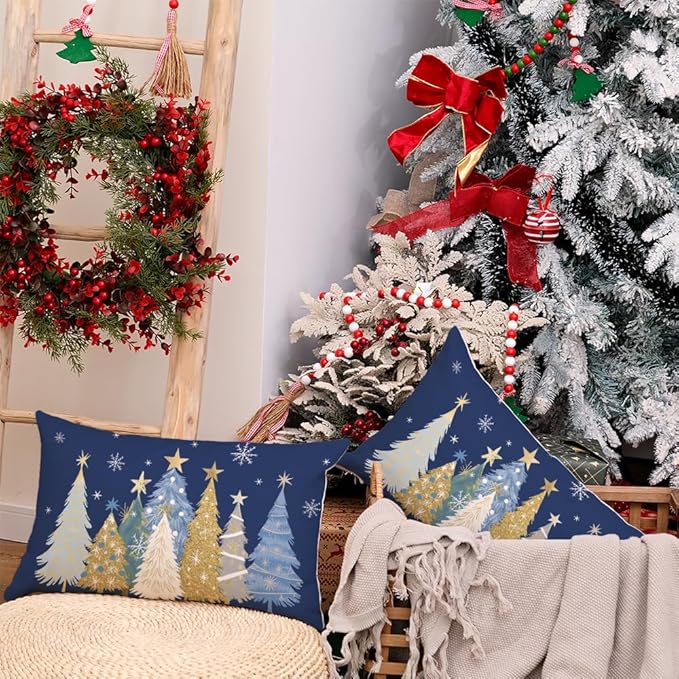 AACORS Christmas Pillow Covers 12X20 Set of 2,Watercolor Christmas Tree Stars Decoration Holiday Farmhouse Winter Pillow Case for Sofa Couch Decor（Blue） AA608-12-2