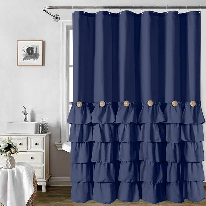 Seasonwood Navy Blue Shower Curtain for Bathroom Ruffle Shower Curtain 72 X 84 Inches Farmhouse Shower Curtains with Buttons & Blue Ruffles
