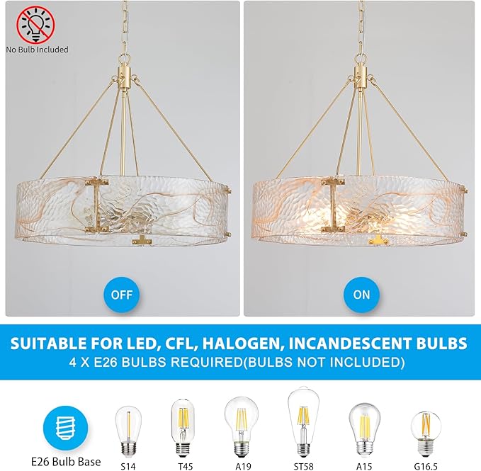 XINGQI 4-Light Modern Gold Glass Chandelier Round Water Ripple Pendant Lighting Fixture for Dining Room Living Room Kitchen Island Office Elegant French Chandeliers