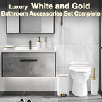 White Bathroom Accessories Set 8 Piece White and Gold Bathroom Set, Bathroom Sets with Stainless Steel Trash Can,Toilet Brush,Toothbrush Set,Soap Dispenser
