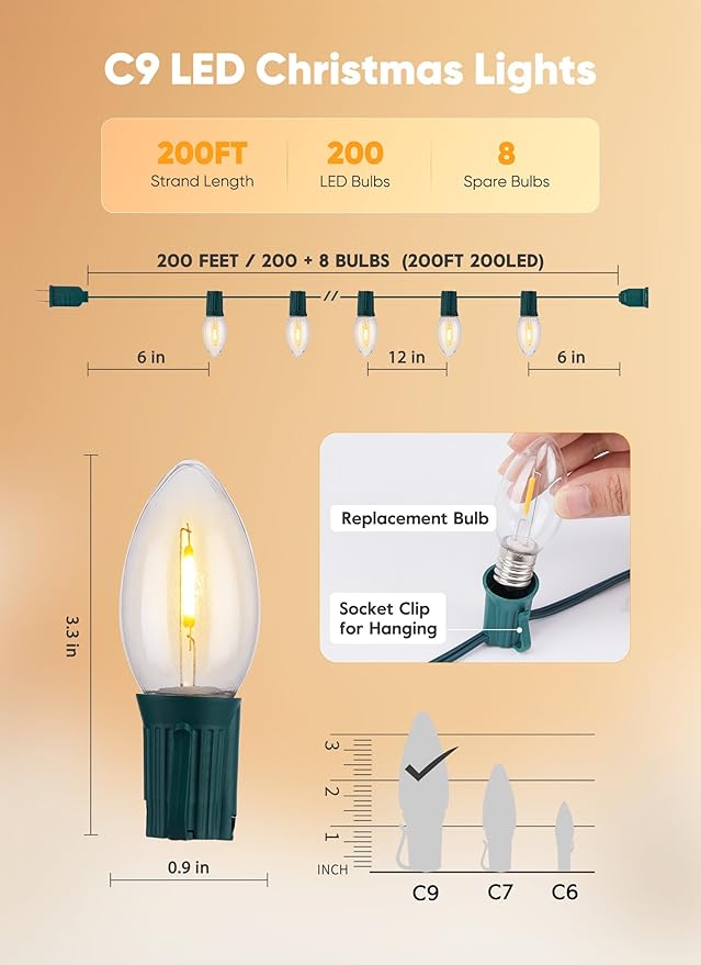 Vintage C9 LED Christmas Lights Outdoor, 200 Ft C9 String Lights with 200 Shatterproof Warm White Bulbs, Waterproof Connectable Christmas Tree Lights for Roofline Holiday Garden Party Xmas Decorations