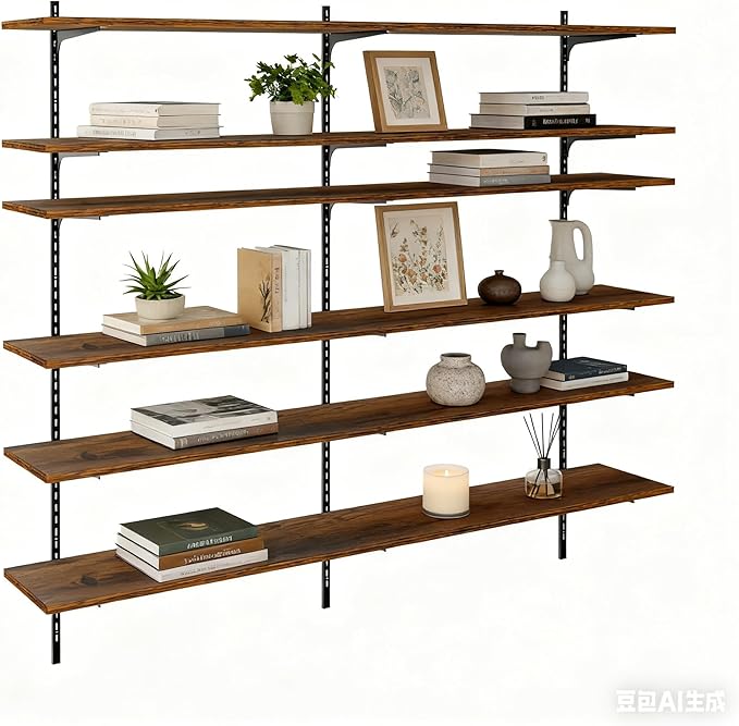 ROGMARS 60 Inch Long Wooden Floating Shelves with Rail, Adjustable Large Kitchen Wall Shelf for Living Room Bedroom Gym Storage,Garage Wall Shelving 6 Tier