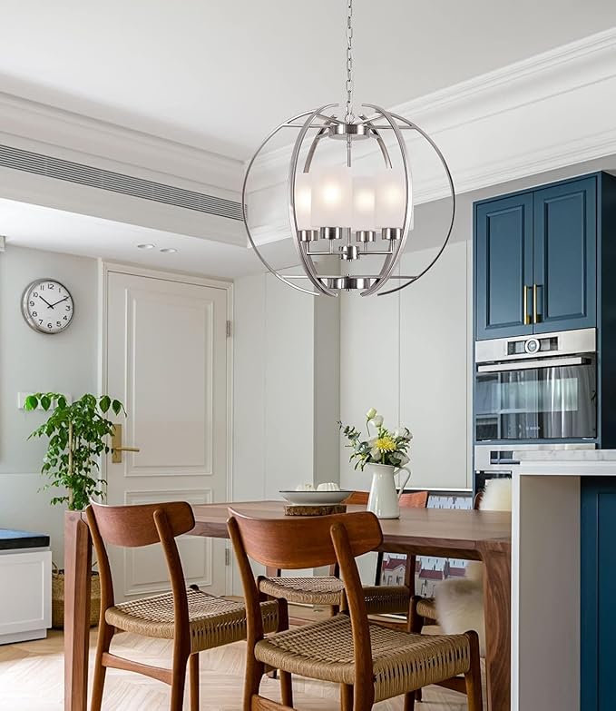 BOZO Brushed Nickel Chandelier Dining Room Lighting Fixtures Modern Foyer 24" Orb Chandeliers 4 Light Hanging Pendant Ceiling Lighting Frosted Glass Shades