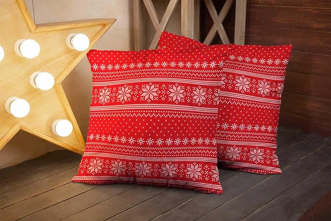 CAPSCEOLL 2PCS Red Pillow Covers Decorative 16X16Inch Christmas Red Reindeer Snow Snowflake Traditional White Winter Xmas Throw Pillow Covers for Bedroom Sofa Living Room Pillow Covers Decorative