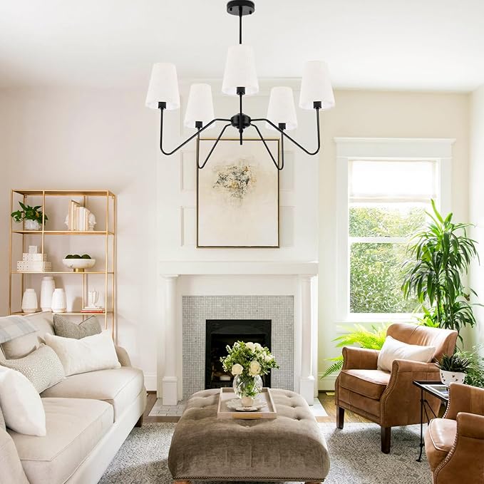 5-Light Modern Chandeliers, Pendant Lights Fixture with Linen Beige Fabric Shade for Living Room Dining Room Bedroom Hallway Entryway, Height Adjustable,E12