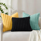 decorUhome Faux Fur Throw Pillow Covers 18x18 Set of 2, Decorative Soft Plush Striped Neutral Couch Euro Pillow Covers with Velvet Back for Sofa, Bed, Living Room Home Decor, Mustard Yellow