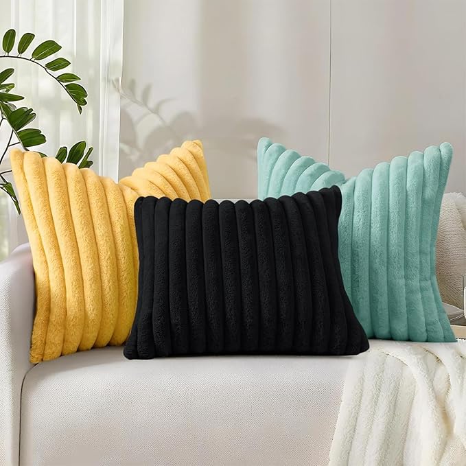decorUhome Faux Fur Throw Pillow Covers 18x18 Set of 2, Decorative Soft Plush Striped Neutral Couch Euro Pillow Covers with Velvet Back for Sofa, Bed, Living Room Home Decor, Aqua