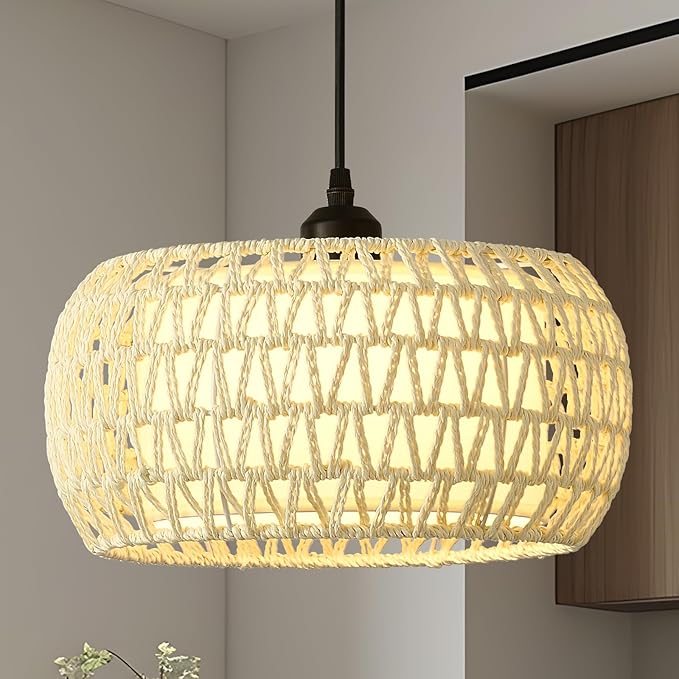 Boho Rattan Chandelier Light Fixture, 1-Lights Farmhouse Pendant Light Hand Woven Chandeliers for Dining Room with Fabric Shade Rustic Chandeliers Hanging Light Fixtures for Kitchen Island