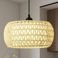 Boho Rattan Chandelier Light Fixture, 1-Lights Farmhouse Pendant Light Hand Woven Chandeliers for Dining Room with Fabric Shade Rustic Chandeliers Hanging Light Fixtures for Kitchen Island