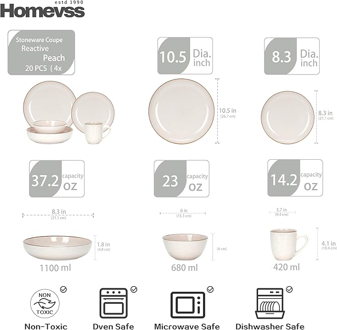 Eur-Nordic Shape Raising Rim 20pc Dinnerware Set, Shiny Glaze Peach with Speckle Effect