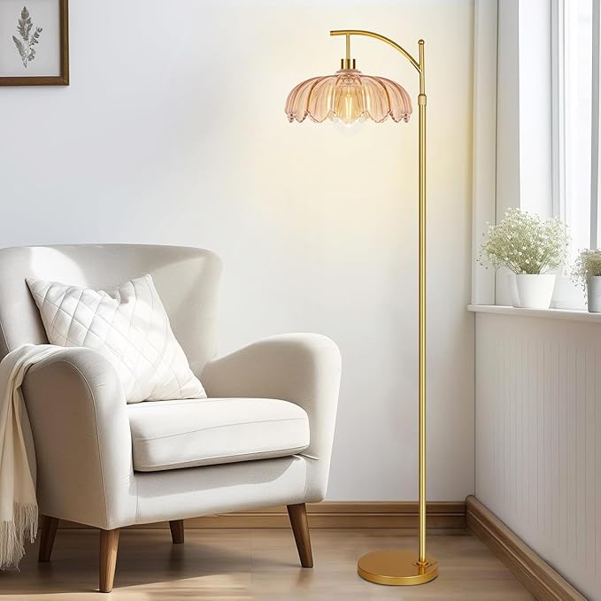 Floor Lamp for Living Room,Bedroom,Gold Dimmable Standing Lamp with Remote,Mid Century Modern Brass Retro Vintage Glass Tall Floor Light Boho Bohemian