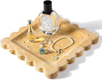Travertine Scalloped Marble Tray, 7.8in Marble Vanity Tray, Premium Square Jewelry Dish for Perfume Earrings Keys Necklaces, Golden Decorative Tray for Bathroom, Unique Stone Dish, Decor Gift