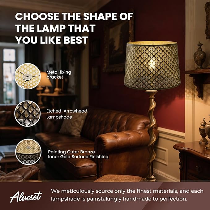 Large Lamp Shade, ALUCSET Drum Metal Lampshade with Etched Arrow Pattern, Antique Bronze and Gold Lampshades Replacement for Table Lamp and Floor Light, Top 14" × Bottom 16" × Height 11" Spider Fitter