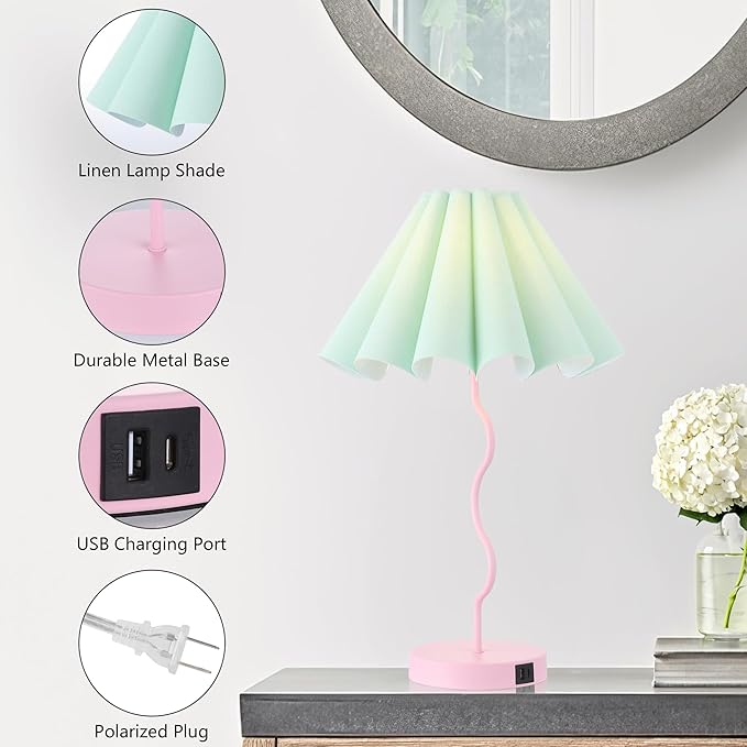 Pleated Table Lamp, Table Lamp for Bedroom, Bedside Lamps for Nightstand with Linen Lampshade, Modern Lamp for Bedroom Home Office Decor, Pink