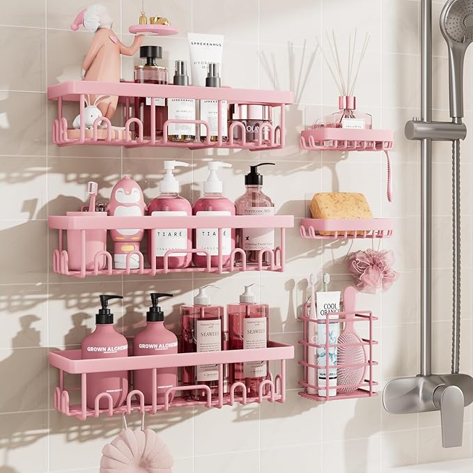 Veken Large Capacity Shower Caddy 6-Pack, No Drilling & Rustproof, Adhesive Shower Shelves with Soap Holder, Bathroom Organizers and Storage, Wall-Mounted Kitchen & Home Decor, Pink