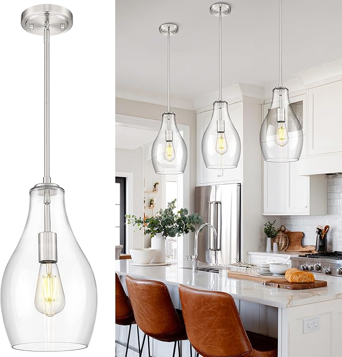 Large Pendant Lights Kitchen Island, 8" Brushed Nickel Hanging Light Fixtures with Clear Glass Shade, Modern Kitchen Pendant Lighting Over Island for Dining Room, AD-25045-1PB-SN