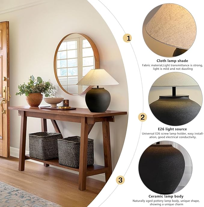 Rustic Farmhouse Table Lamps, Black 21.6” Tall Ceramic Table Lamp, Simple Textured Ceramic Lamp Body with White Textured Shade Bedside Table Lamp for Living Room Bedroom Office (Black)