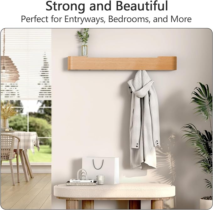Coat Rack Wall Mount with Hidden Hooks Entryway Hanging Shelf Modern Wood Coat Hanger for Bedroom Kitchen Hallway Bathroom (Oak,32.7 Inch Long)